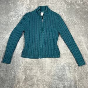 LL Bean Sweater Womens S Cableknit Full Zip Chunky Turquoise Cotton Outdoor